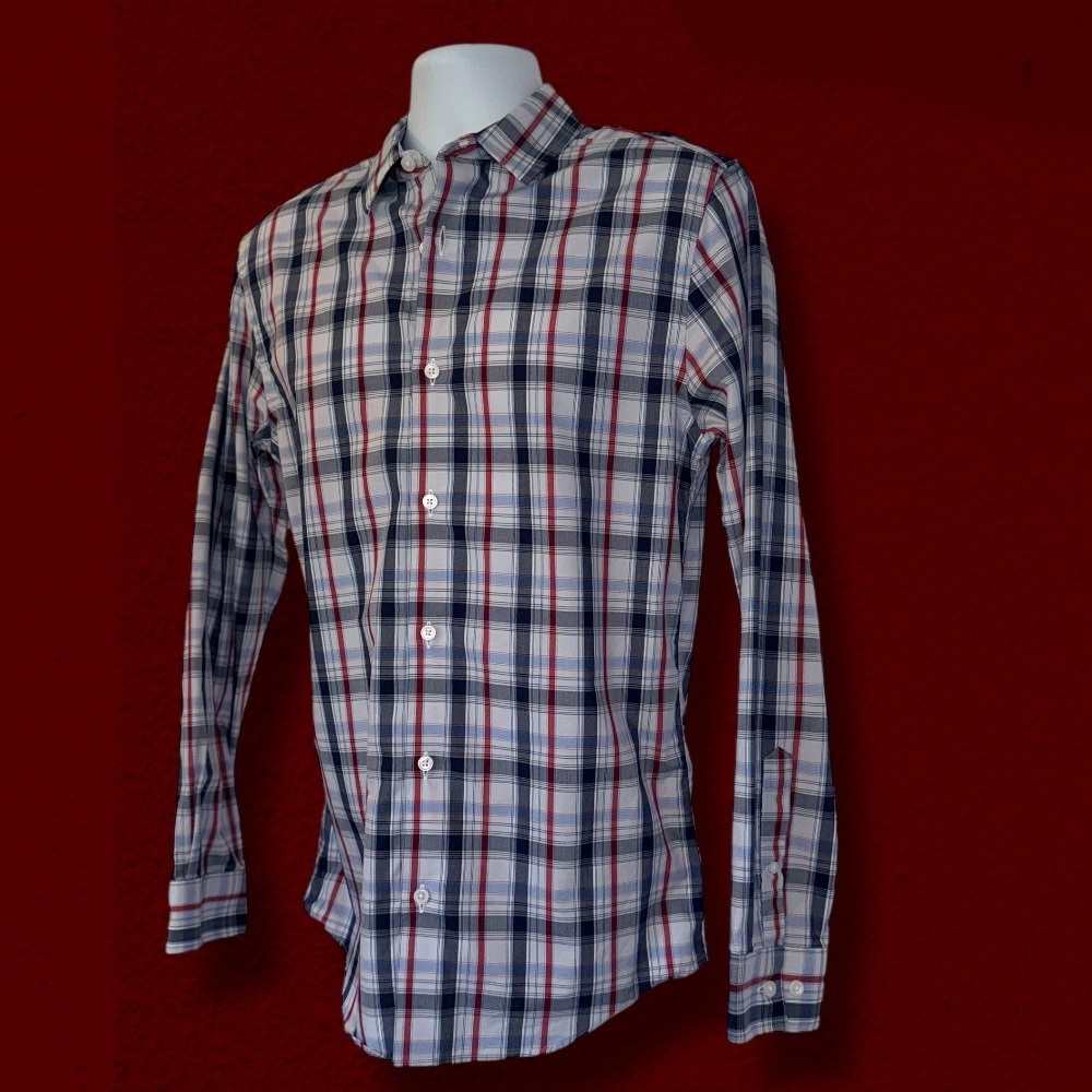 Fairlane & Sons Slim Fit Plaid Button-Down Shirt M Navy Red Wrinkle Free - Picture 5 of 12